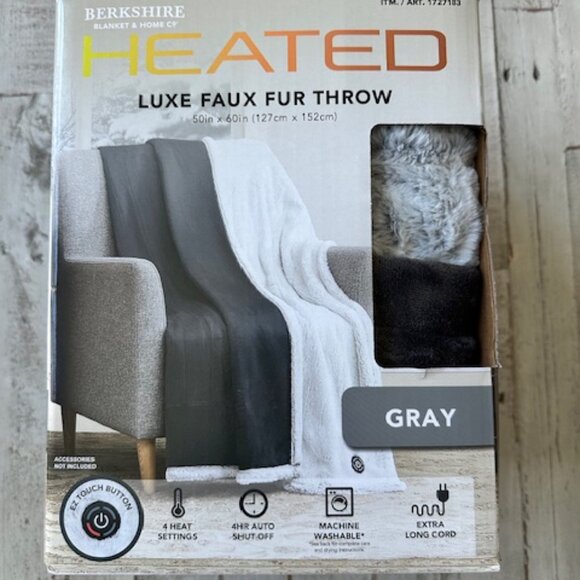 Berkshire Life Heated Luxe Faux Fur Throw 50" x 60" Grey Electric Blanket NEW - Picture 1 of 4